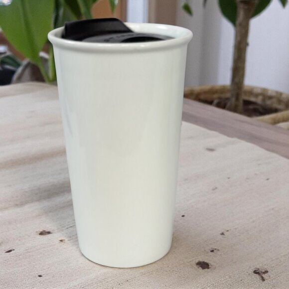 Starbucks Green Siren Logo Travel Ceramic Tumbler Mug 10 Oz White w/ Lid - Picture 3 of 6